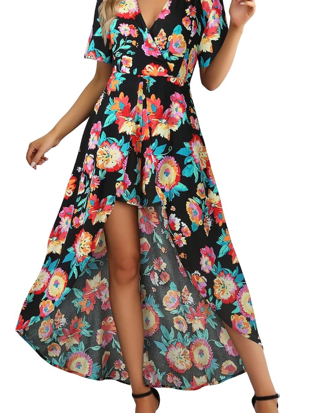Floral Short Romper With High Low Skirt - Black Multi
